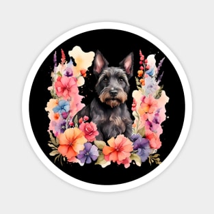 A scottish terrier decorated with beautiful watercolor flowers Magnet